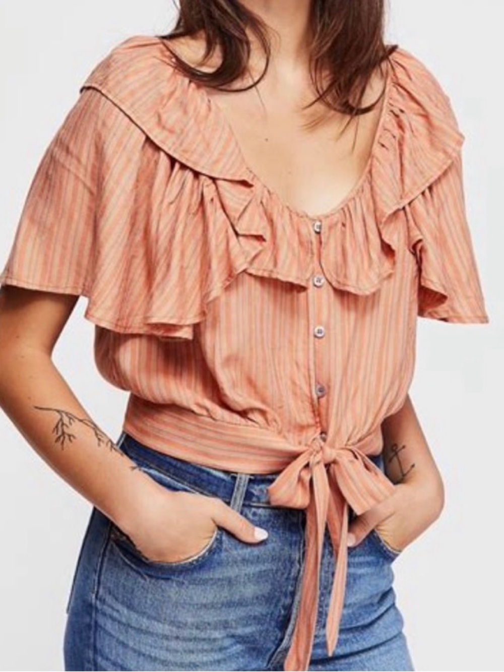 Free People Rosemary Ruffle Tie-Waist Blouse Size Medium - Picture 2 of 9